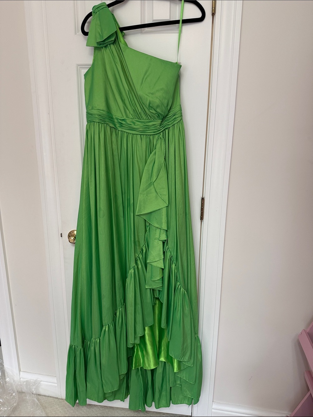 Mac Duggal One-Shoulder Lime Green Ruffle Maxi Dress